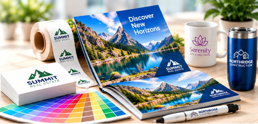 Examples of custom printed brochures, business cards, promotional products and stationery
